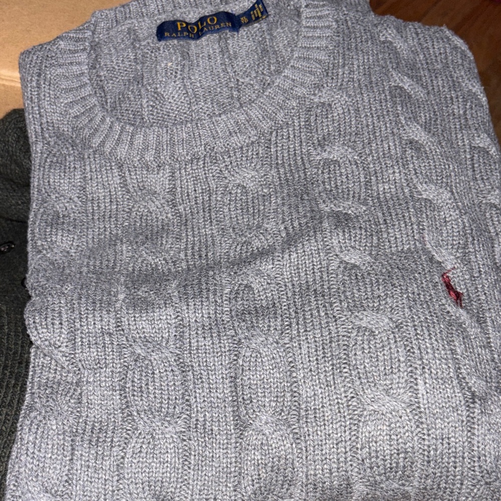 Polo by Ralph Lauren Men’s Gray Cable-Knit Crewneck Sweater with Red Pony